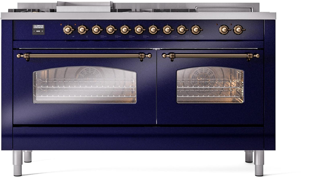 ILVE Nostalgie II 60-Inch Dual Fuel Freestanding Range in Midnight Blue with Bronze Trim (UP60FSNMPMBB)