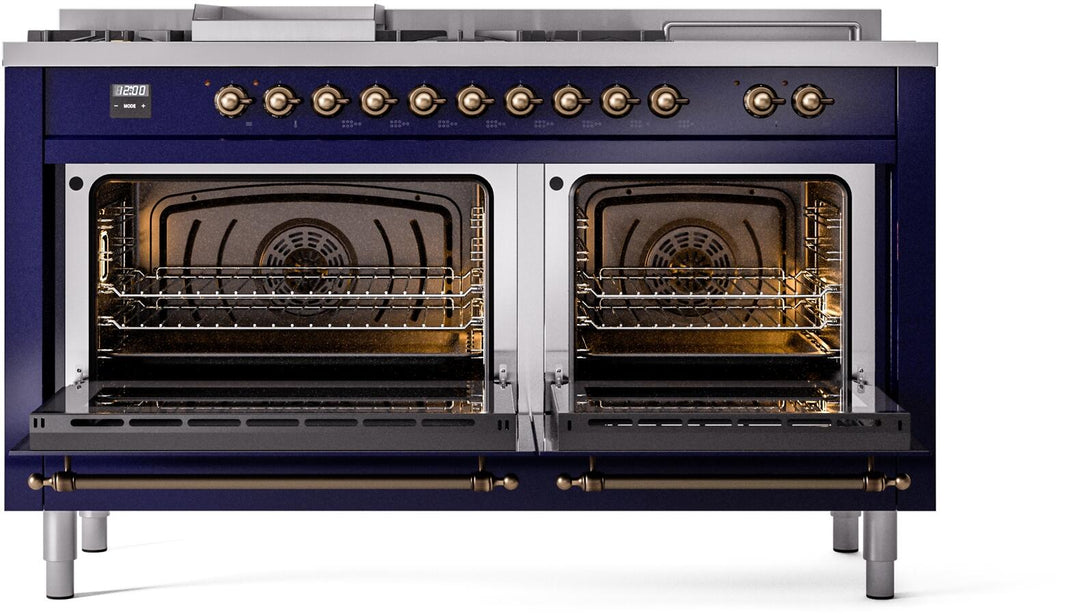 ILVE Nostalgie II 60-Inch Dual Fuel Freestanding Range in Midnight Blue with Bronze Trim (UP60FSNMPMBB)