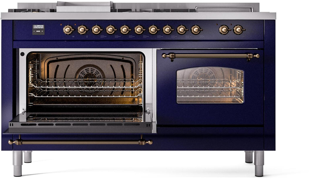 ILVE Nostalgie II 60-Inch Dual Fuel Freestanding Range in Midnight Blue with Bronze Trim (UP60FSNMPMBB)