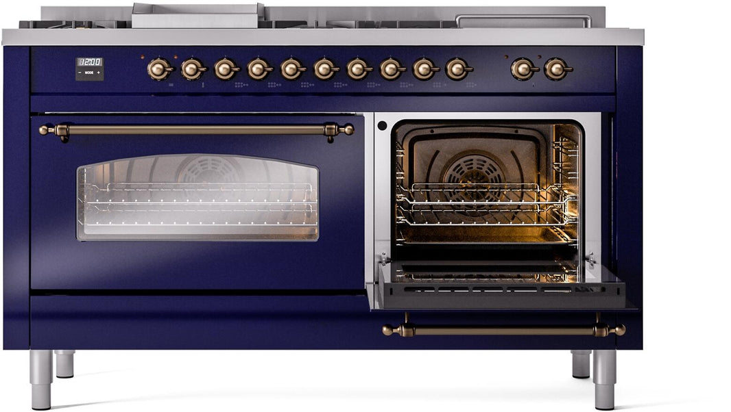 ILVE Nostalgie II 60-Inch Dual Fuel Freestanding Range in Midnight Blue with Bronze Trim (UP60FSNMPMBB)