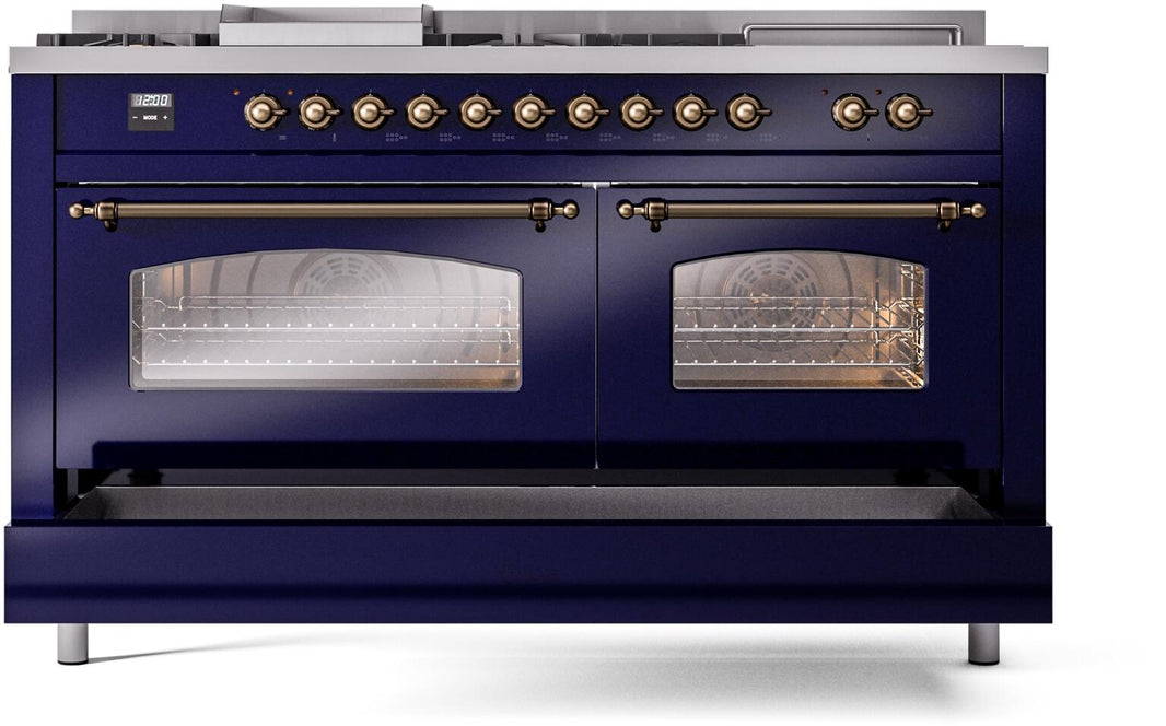 ILVE Nostalgie II 60-Inch Dual Fuel Freestanding Range in Midnight Blue with Bronze Trim (UP60FSNMPMBB)