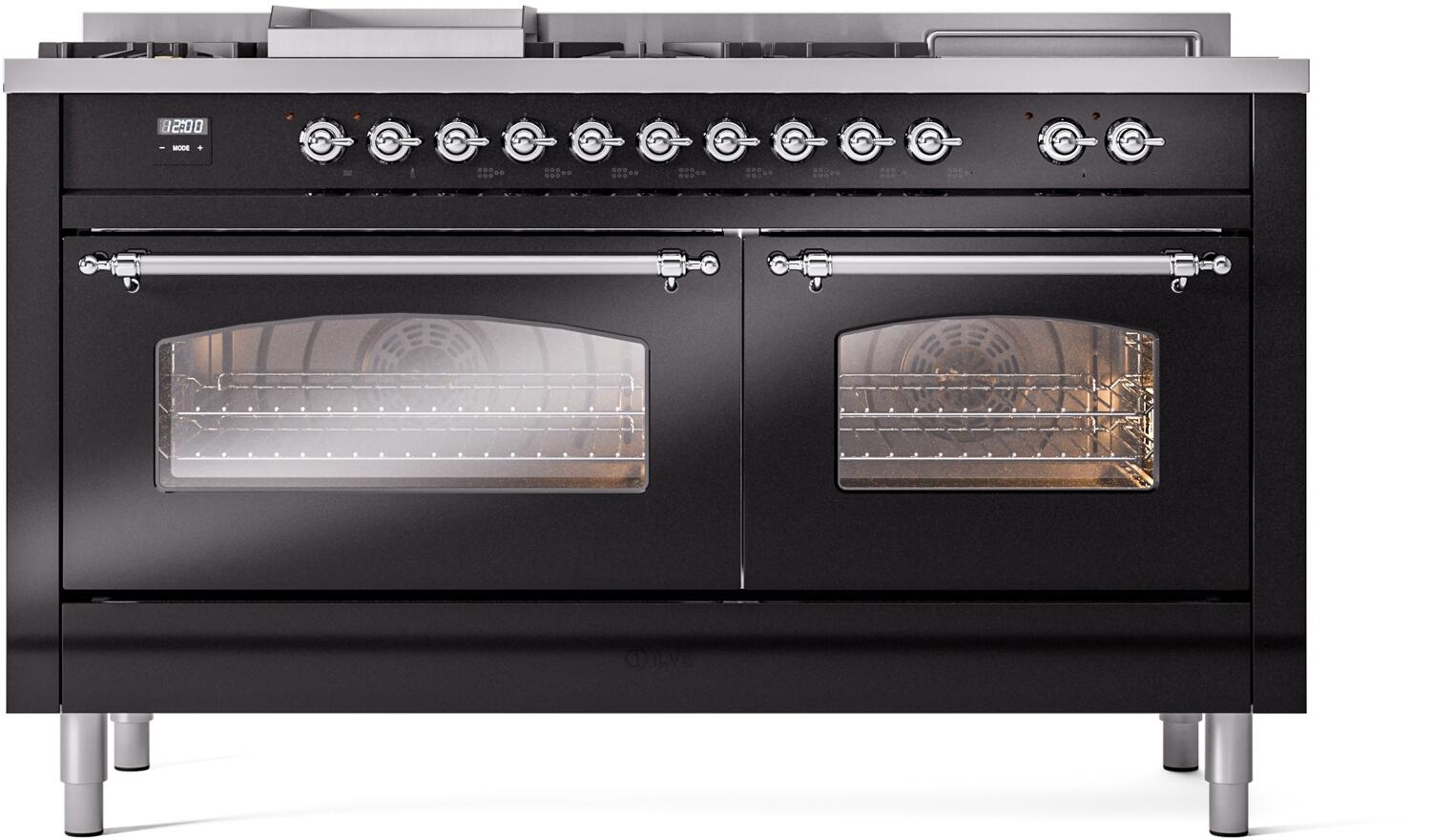 ILVE Nostalgie II 60-Inch Dual Fuel Freestanding Range in Glossy Black with Chrome Trim (UP60FSNMPBKC)