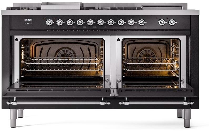 ILVE Nostalgie II 60-Inch Dual Fuel Freestanding Range in Glossy Black with Chrome Trim (UP60FSNMPBKC)