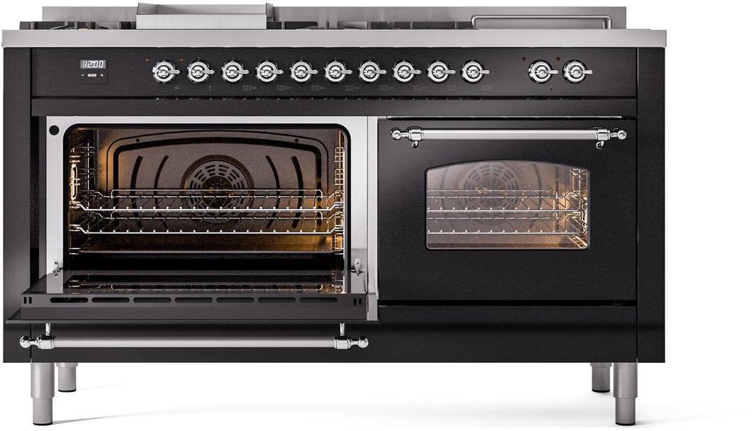 ILVE Nostalgie II 60-Inch Dual Fuel Freestanding Range in Glossy Black with Chrome Trim (UP60FSNMPBKC)