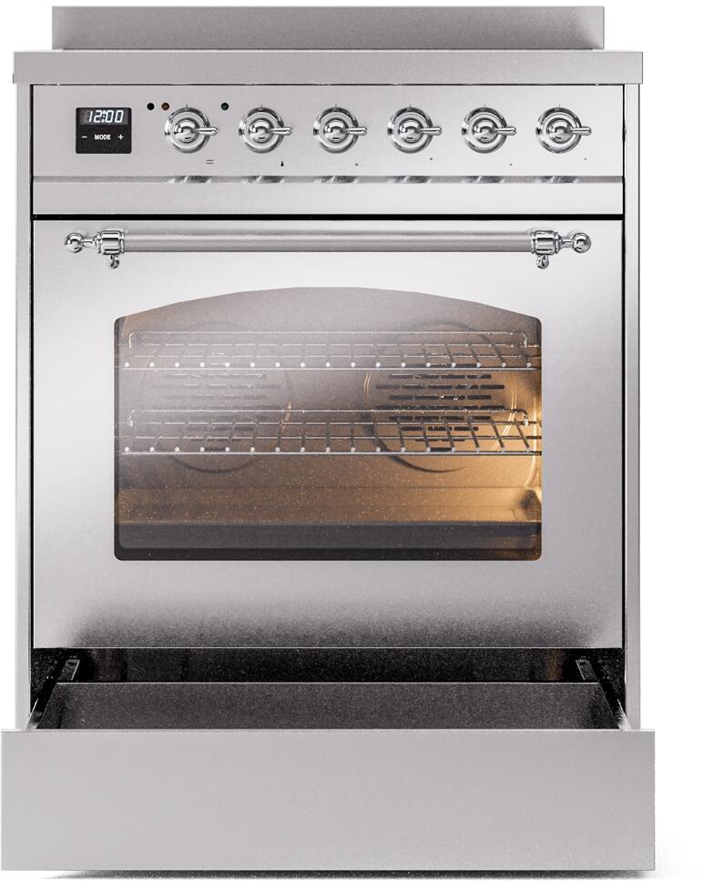 ILVE Nostalgie II 30-Inch Freestanding Electric Induction Range in Stainless Steel with Chrome Trim (UPI304NMPSSC)