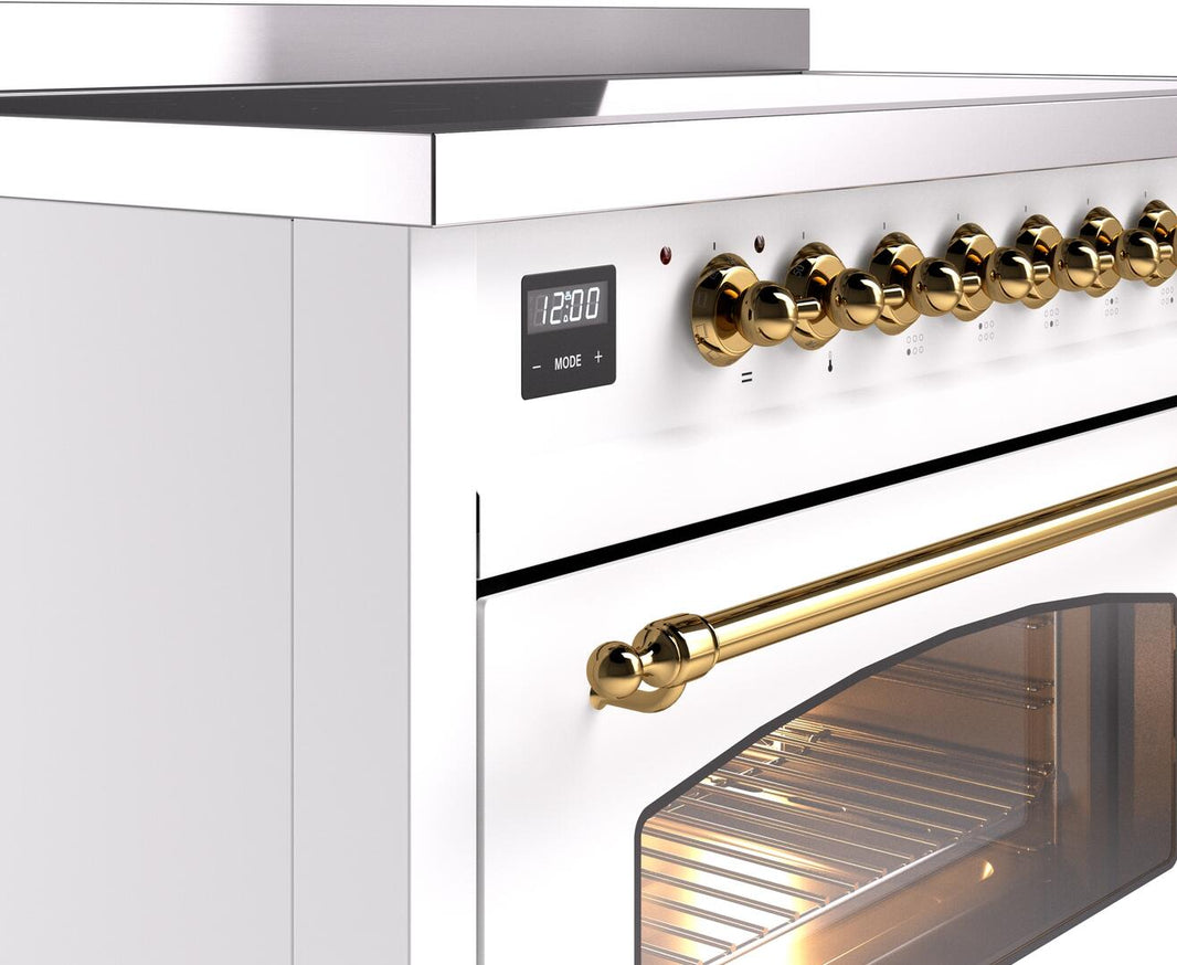 ILVE Nostalgie II 48-Inch Freestanding Electric Induction Range in White with Brass Trim (UPI486NMPWHG)