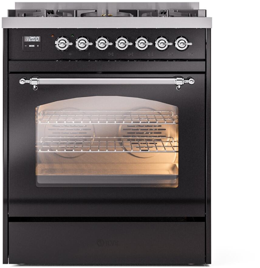 ILVE Nostalgie II 30-Inch Dual Fuel Freestanding Range in Glossy Black with Chrome Trim (UP30NMPBKC)