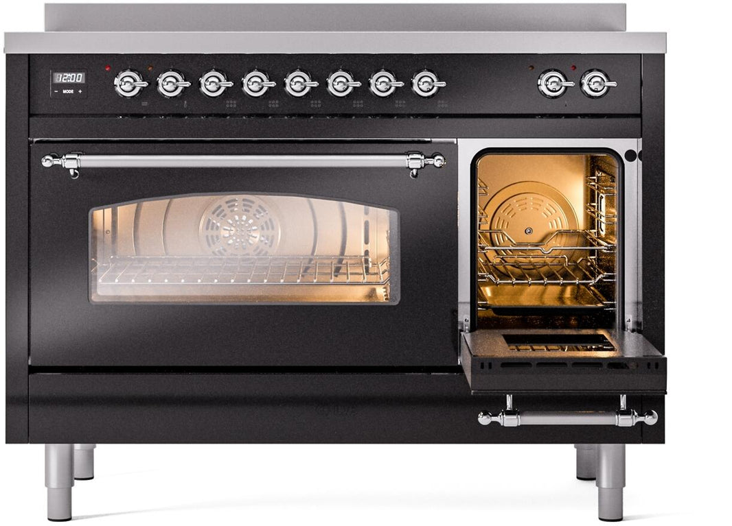 ILVE Nostalgie II 48-Inch Freestanding Electric Induction Range in Glossy Black with Chrome Trim (UPI486NMPBKC)