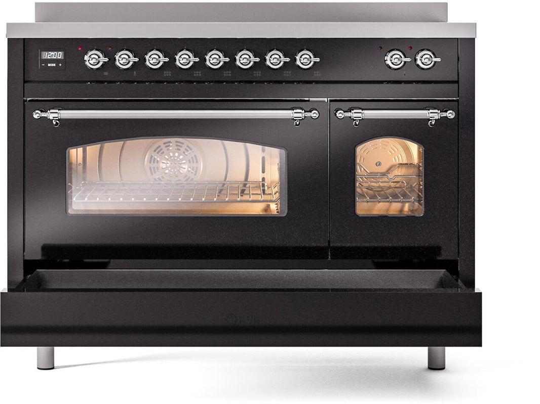 ILVE Nostalgie II 48-Inch Freestanding Electric Induction Range in Glossy Black with Chrome Trim (UPI486NMPBKC)