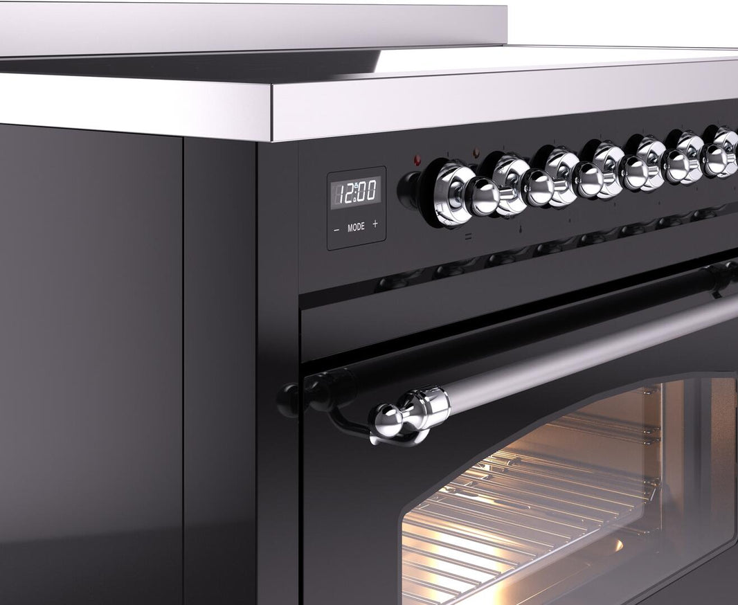 ILVE Nostalgie II 48-Inch Freestanding Electric Induction Range in Glossy Black with Chrome Trim (UPI486NMPBKC)