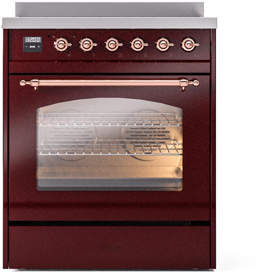 ILVE Nostalgie II 30-Inch Freestanding Electric Induction Range in Burgundy with Copper Trim (UPI304NMPBUP)