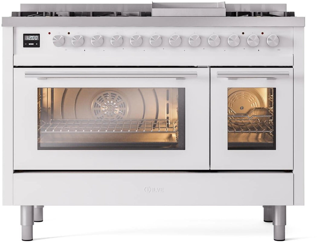 ILVE 48-Inch Professional Plus II Freestanding Dual Fuel Range with 8 Sealed Burner in White (UP48FWMPWH)