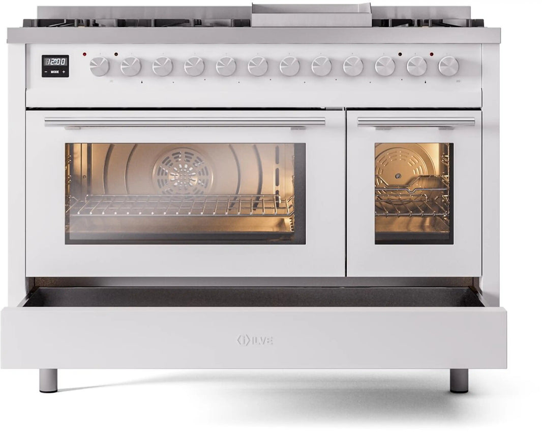 ILVE 48-Inch Professional Plus II Freestanding Dual Fuel Range with 8 Sealed Burner in White (UP48FWMPWH)