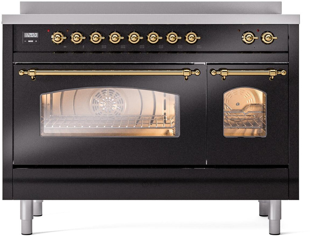 ILVE Nostalgie II 48-Inch Freestanding Electric Induction Range in Glossy Black with Brass Trim (UPI486NMPBKG)