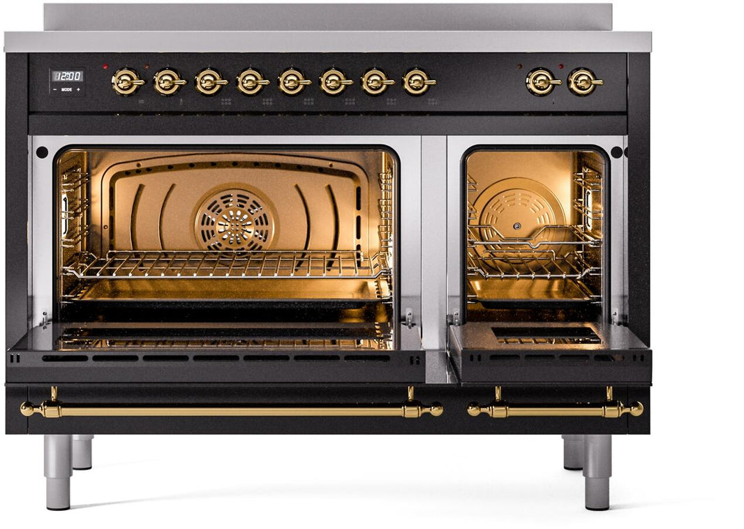 ILVE Nostalgie II 48-Inch Freestanding Electric Induction Range in Glossy Black with Brass Trim (UPI486NMPBKG)