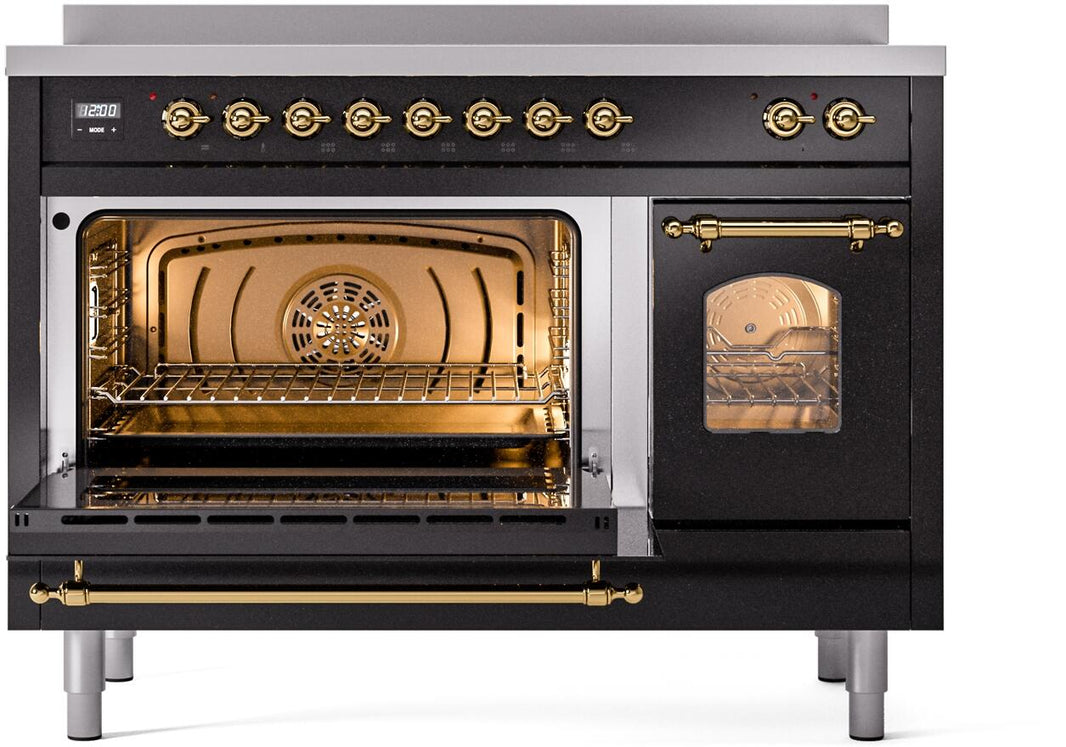 ILVE Nostalgie II 48-Inch Freestanding Electric Induction Range in Glossy Black with Brass Trim (UPI486NMPBKG)