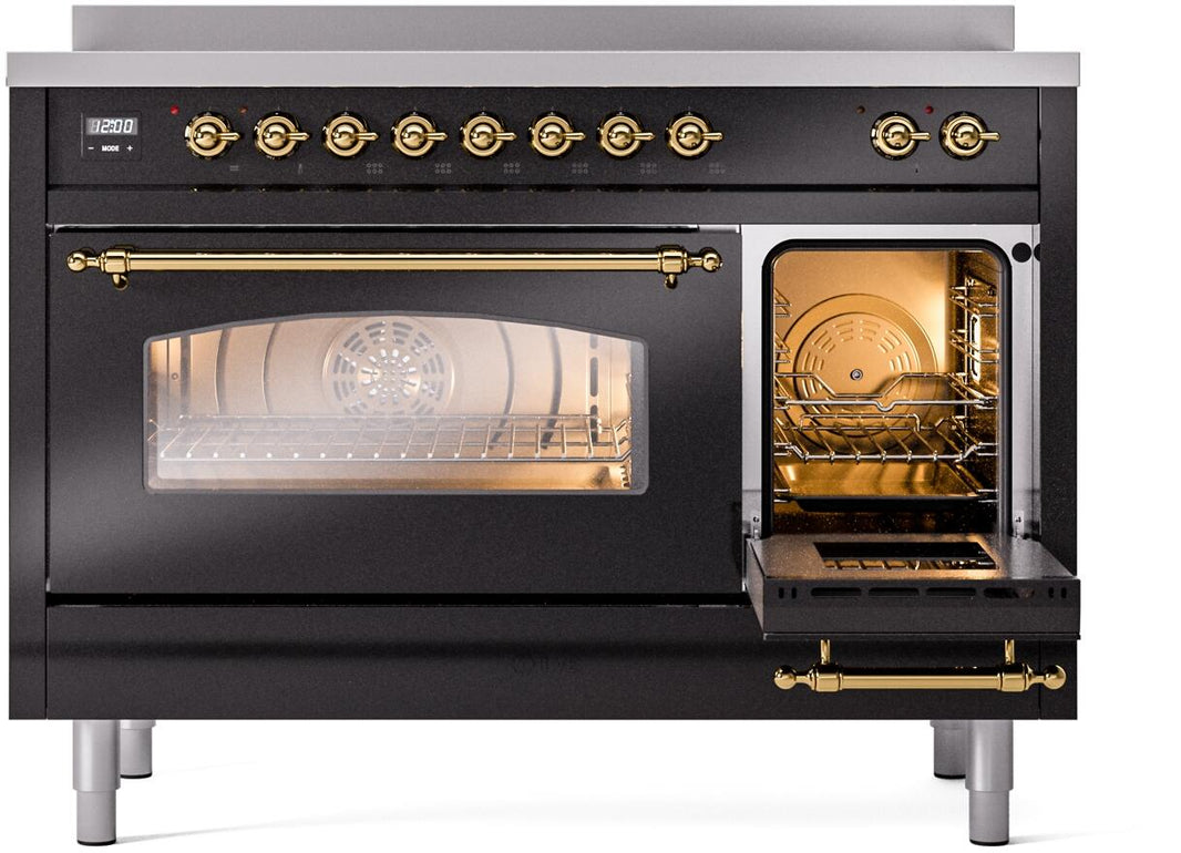 ILVE Nostalgie II 48-Inch Freestanding Electric Induction Range in Glossy Black with Brass Trim (UPI486NMPBKG)