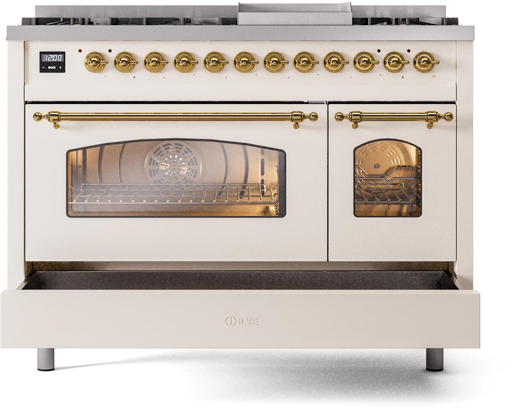 ILVE Nostalgie II 48-Inch Dual Fuel Freestanding Range in Antique White with Brass Trim (UP48FNMPAWG)