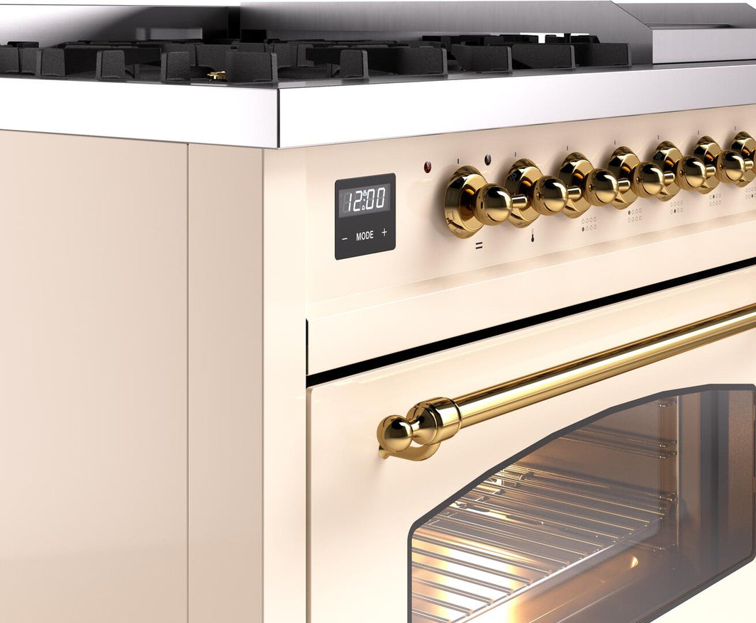 ILVE Nostalgie II 48-Inch Dual Fuel Freestanding Range in Antique White with Brass Trim (UP48FNMPAWG)