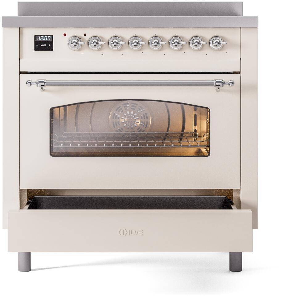 ILVE Nostalgie II 36-Inch Freestanding Electric Induction Range in Antique White with Chrome Trim (UPI366NMPAWC)