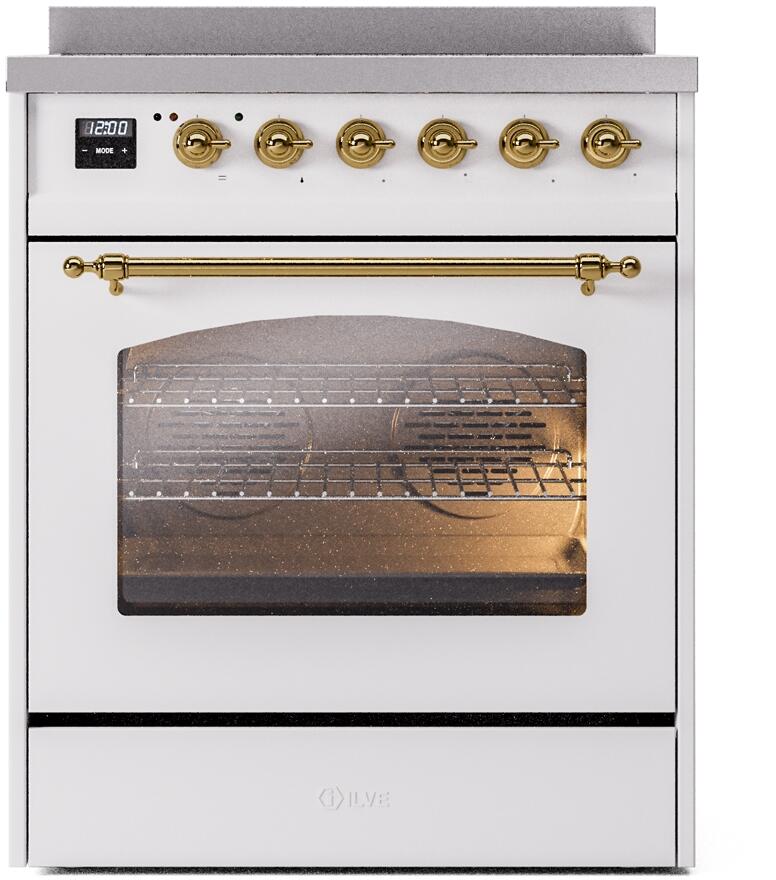 ILVE Nostalgie II 30-Inch Freestanding Electric Induction Range in White with Brass Trim (UPI304NMPWHG)