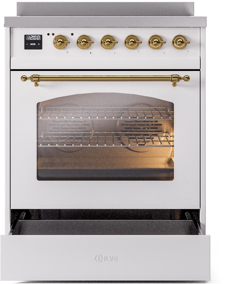 ILVE Nostalgie II 30-Inch Freestanding Electric Induction Range in White with Brass Trim (UPI304NMPWHG)