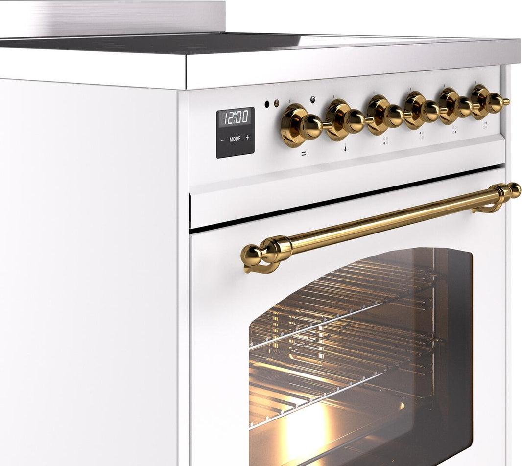 ILVE Nostalgie II 30-Inch Freestanding Electric Induction Range in White with Brass Trim (UPI304NMPWHG)