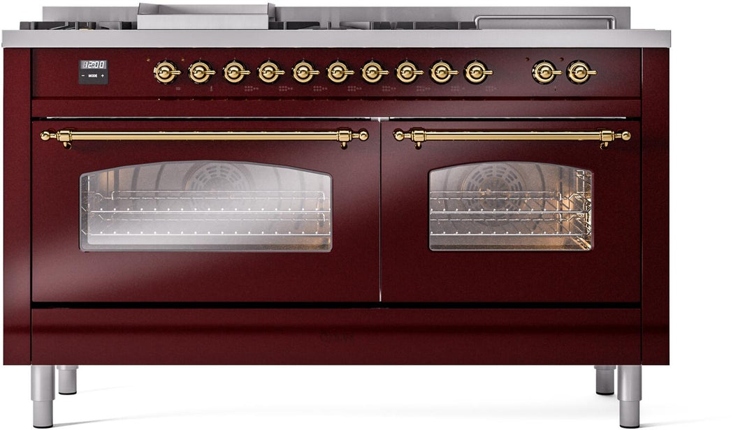 ILVE Nostalgie II 60-Inch Dual Fuel Freestanding Range in Burgundy with Brass Trim (UP60FSNMPBUG)