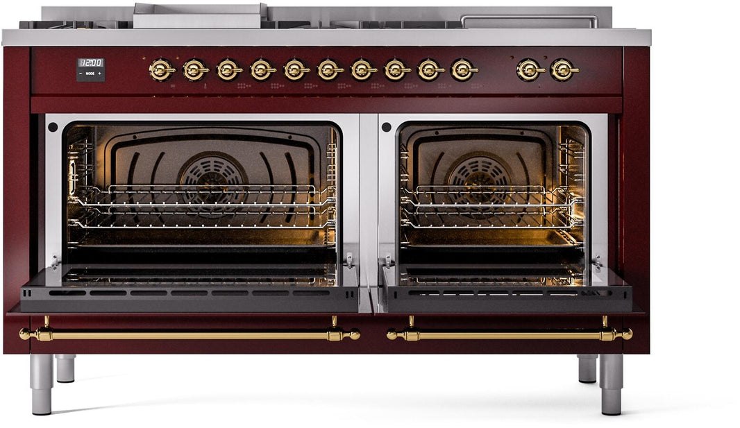 ILVE Nostalgie II 60-Inch Dual Fuel Freestanding Range in Burgundy with Brass Trim (UP60FSNMPBUG)