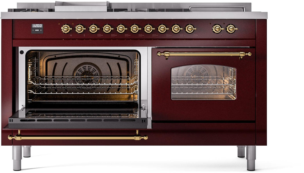 ILVE Nostalgie II 60-Inch Dual Fuel Freestanding Range in Burgundy with Brass Trim (UP60FSNMPBUG)