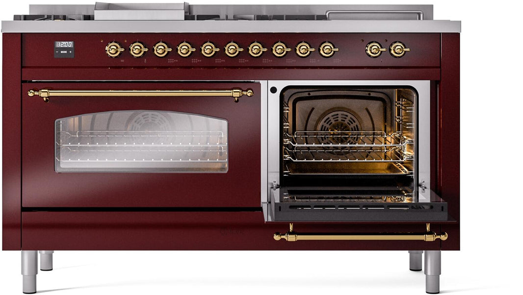 ILVE Nostalgie II 60-Inch Dual Fuel Freestanding Range in Burgundy with Brass Trim (UP60FSNMPBUG)