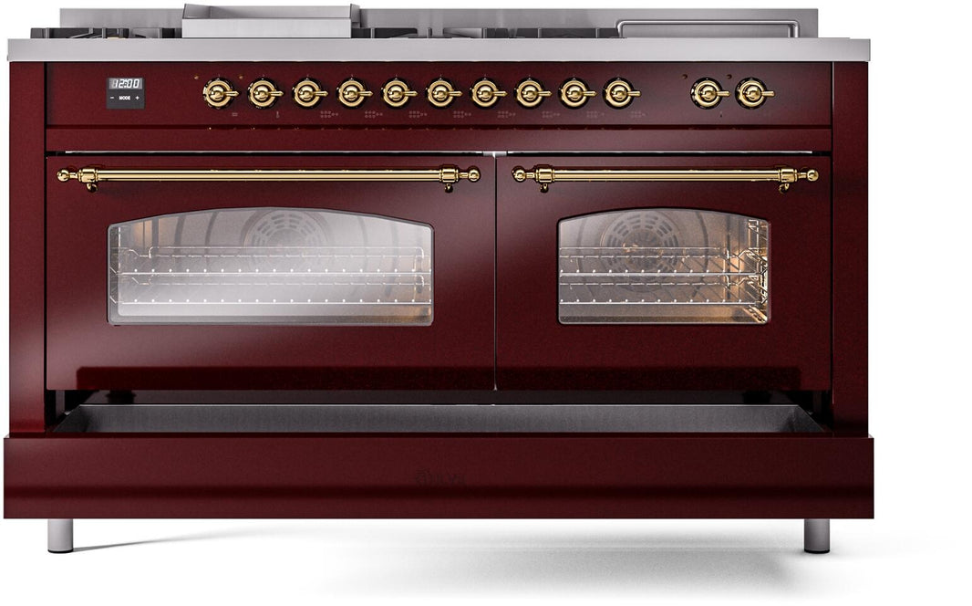 ILVE Nostalgie II 60-Inch Dual Fuel Freestanding Range in Burgundy with Brass Trim (UP60FSNMPBUG)