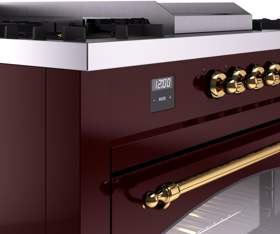 ILVE Nostalgie II 60-Inch Dual Fuel Freestanding Range in Burgundy with Brass Trim (UP60FSNMPBUG)