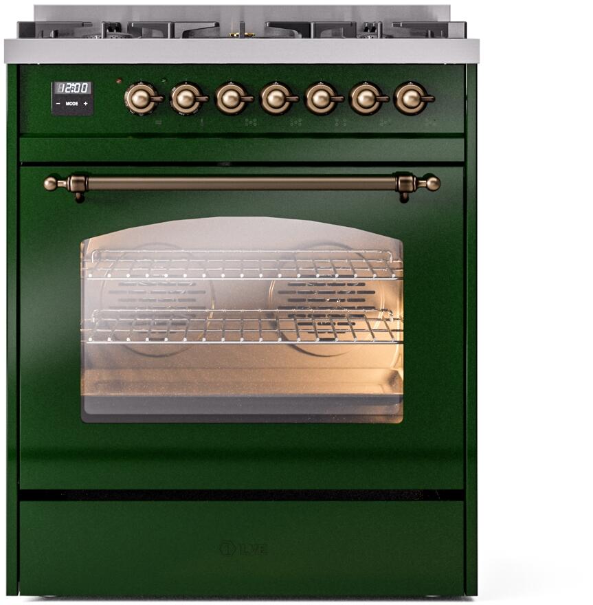 ILVE Nostalgie II 30-Inch Dual Fuel Freestanding Range in Emerald Green with Bronze Trim (UP30NMPEGB)