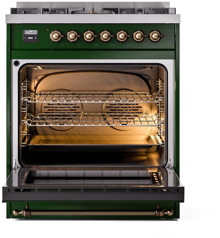 ILVE Nostalgie II 30-Inch Dual Fuel Freestanding Range in Emerald Green with Bronze Trim (UP30NMPEGB)