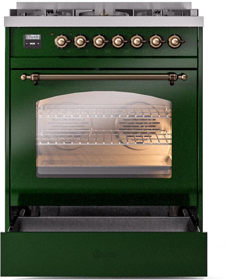 ILVE Nostalgie II 30-Inch Dual Fuel Freestanding Range in Emerald Green with Bronze Trim (UP30NMPEGB)