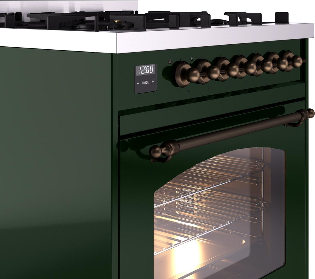 ILVE Nostalgie II 30-Inch Dual Fuel Freestanding Range in Emerald Green with Bronze Trim (UP30NMPEGB)