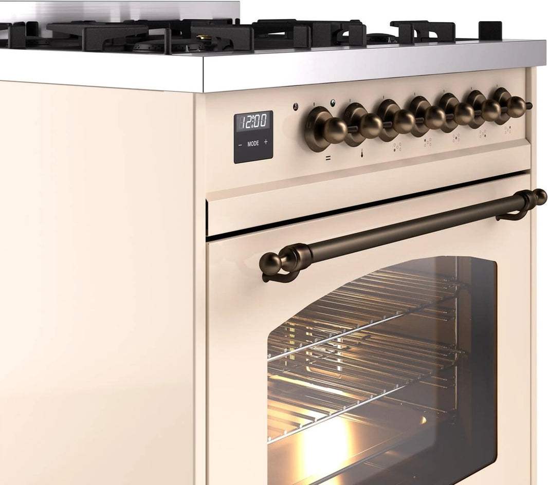 ILVE Nostalgie II 30-Inch Dual Fuel Freestanding Range in Antique White with Bronze Trim (UP30NMPAWB)