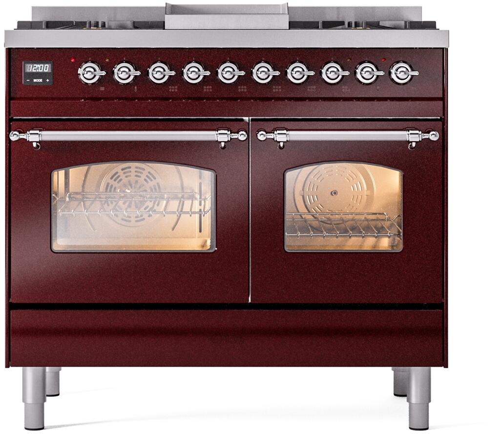 ILVE Nostalgie II 40-Inch Dual Fuel Freestanding Range in Burgundy with Chrome Trim (UPD40FNMPBUC)