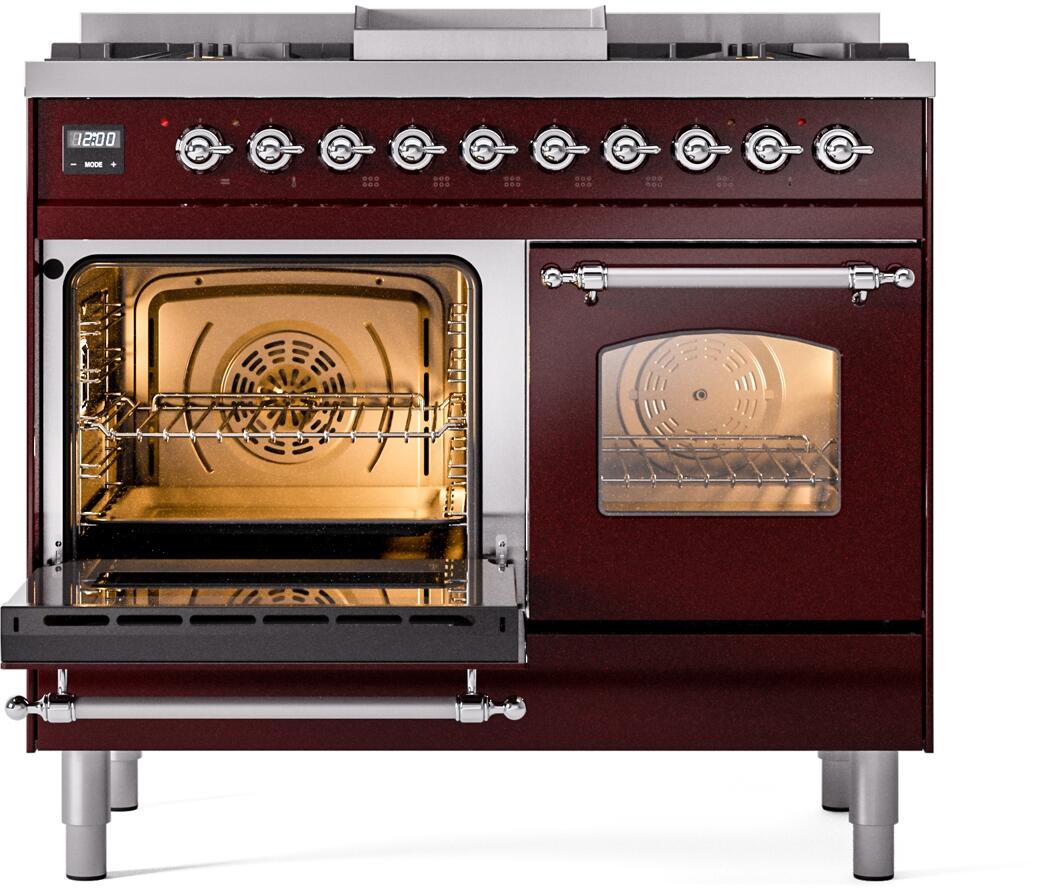 ILVE Nostalgie II 40-Inch Dual Fuel Freestanding Range in Burgundy with Chrome Trim (UPD40FNMPBUC)