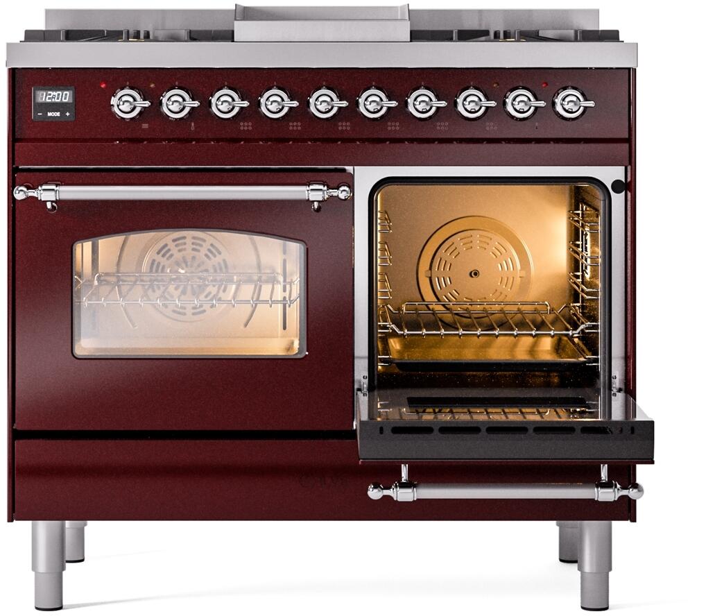 ILVE Nostalgie II 40-Inch Dual Fuel Freestanding Range in Burgundy with Chrome Trim (UPD40FNMPBUC)