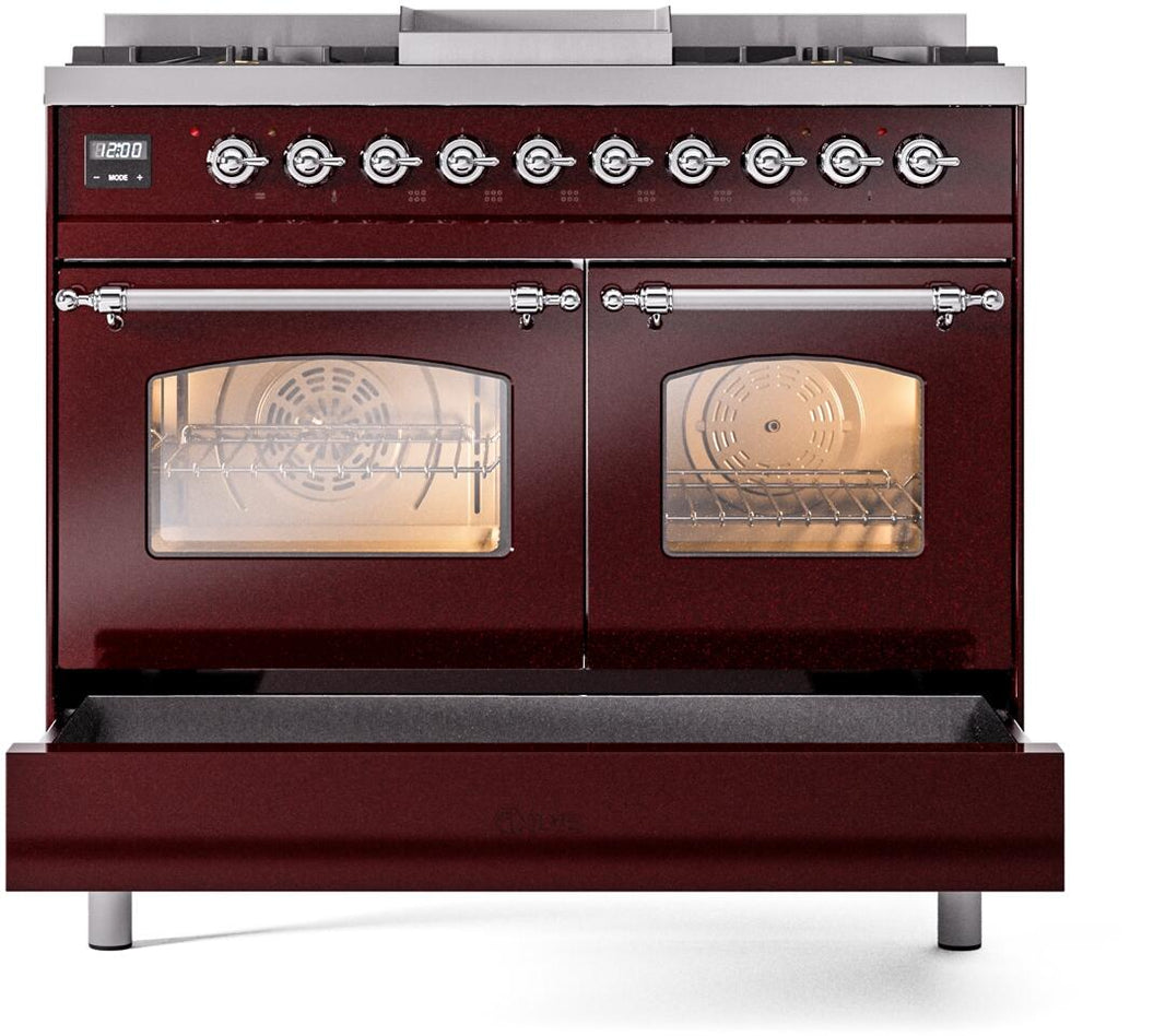 ILVE Nostalgie II 40-Inch Dual Fuel Freestanding Range in Burgundy with Chrome Trim (UPD40FNMPBUC)