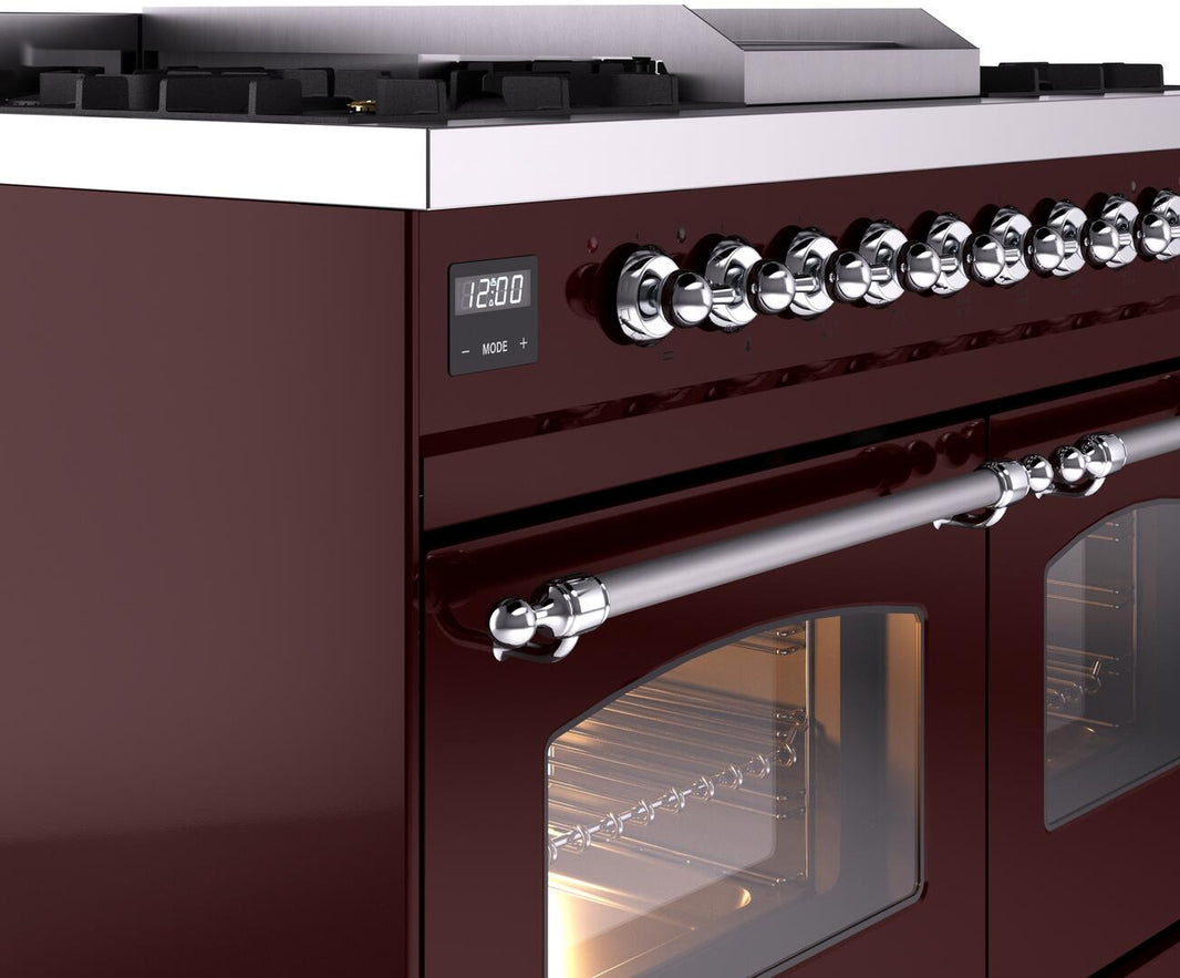 ILVE Nostalgie II 40-Inch Dual Fuel Freestanding Range in Burgundy with Chrome Trim (UPD40FNMPBUC)