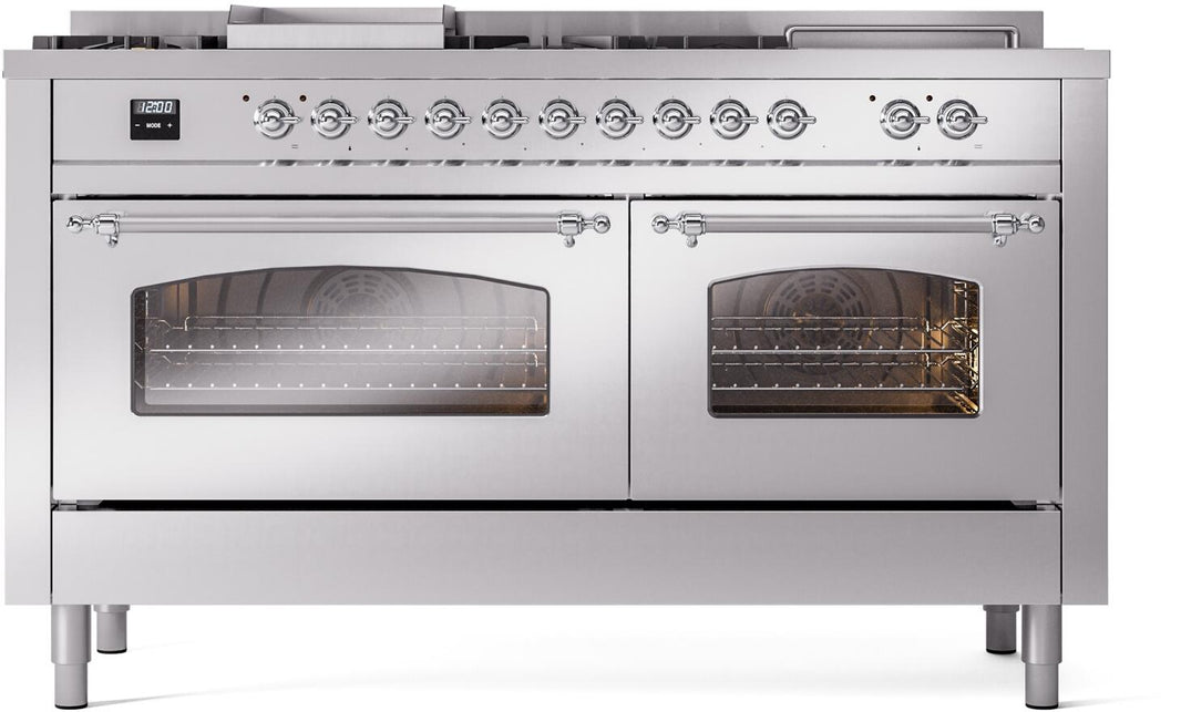 ILVE Nostalgie II 60-Inch Dual Fuel Freestanding Range in Stainless Steel with Chrome Trim (UP60FSNMPSSC)