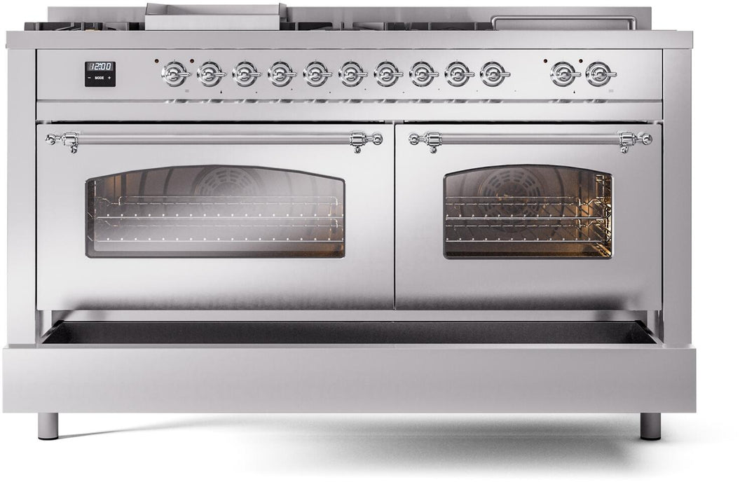 ILVE Nostalgie II 60-Inch Dual Fuel Freestanding Range in Stainless Steel with Chrome Trim (UP60FSNMPSSC)