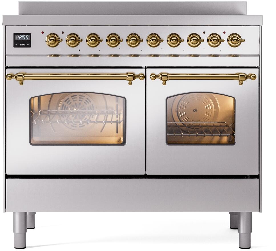 ILVE Nostalgie II 40-Inch Freestanding Electric Induction Range in Stainless Steel with Brass Trim (UPDI406NMPSSG)