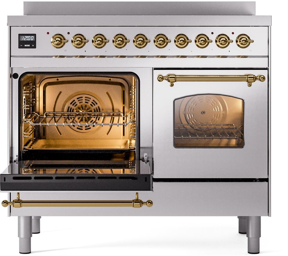 ILVE Nostalgie II 40-Inch Freestanding Electric Induction Range in Stainless Steel with Brass Trim (UPDI406NMPSSG)