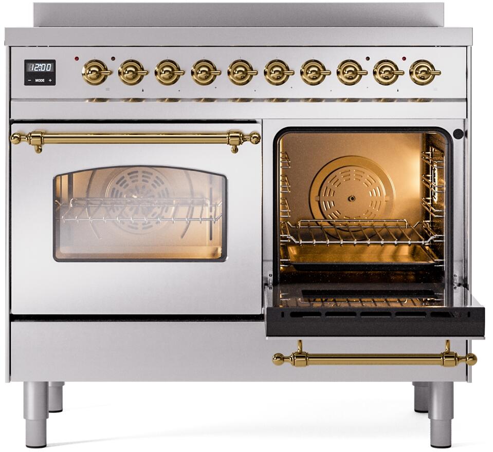 ILVE Nostalgie II 40-Inch Freestanding Electric Induction Range in Stainless Steel with Brass Trim (UPDI406NMPSSG)