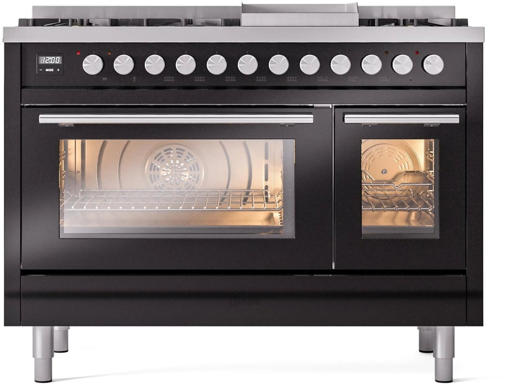 ILVE 48-Inch Professional Plus II Freestanding Dual Fuel Range with 8 Sealed Burner in Glossy Black (UP48FWMPBK)