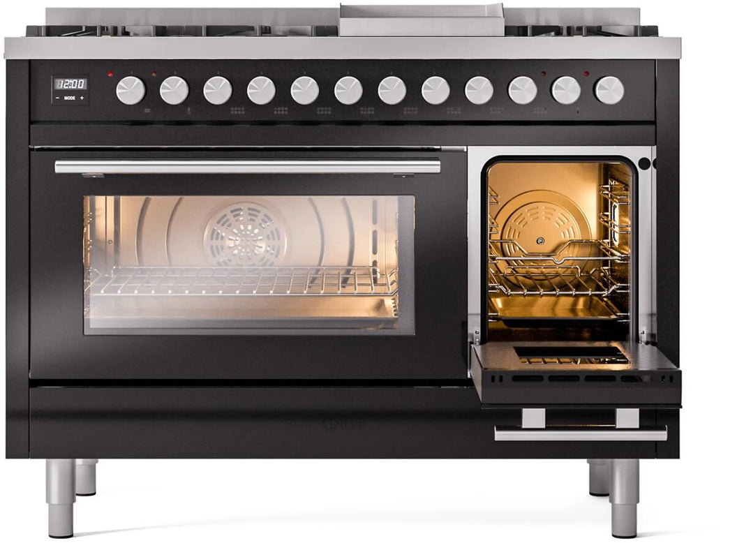 ILVE 48-Inch Professional Plus II Freestanding Dual Fuel Range with 8 Sealed Burner in Glossy Black (UP48FWMPBK)